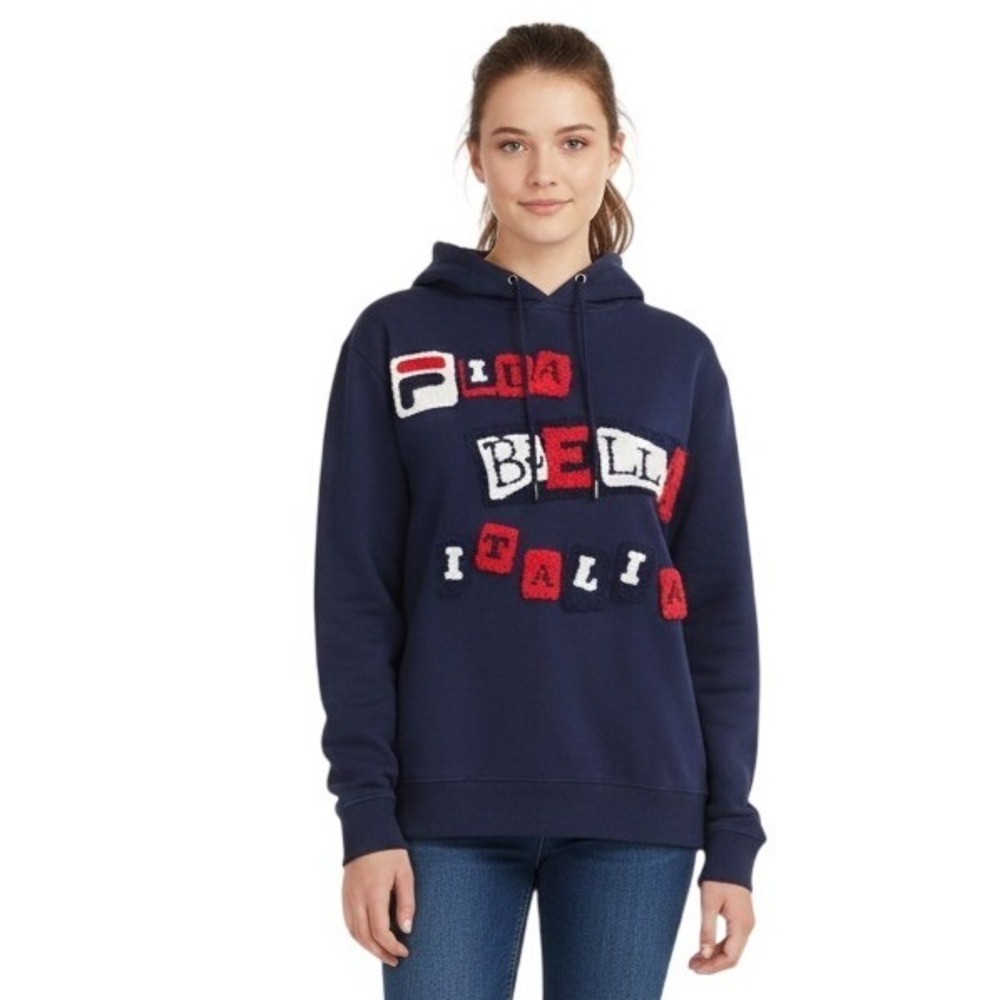 Fila Navy Blue Bella‎ Italia Chenille Patch Hoodie Sweatshirt Womens XL Casual